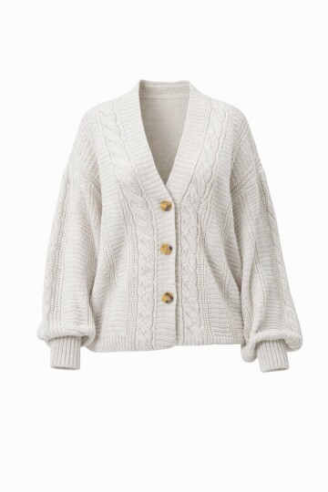 V Yaka Saç Örgü Desenli Balon Kol Triko Hırka