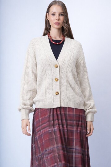 V Yaka Saç Örgü Desenli Balon Kol Triko Hırka