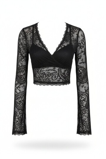 V Yaka Transparan Crop Dantel Bluz