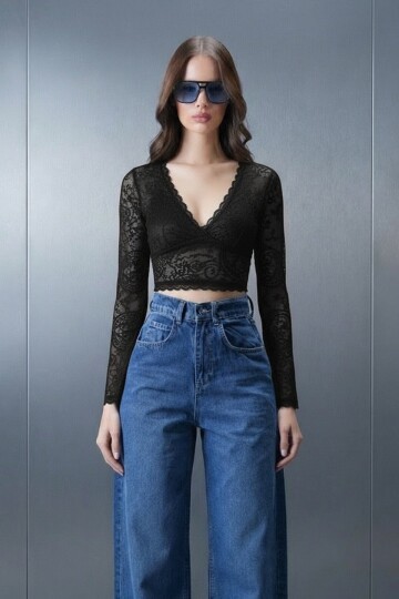 V Yaka Transparan Crop Dantel Bluz