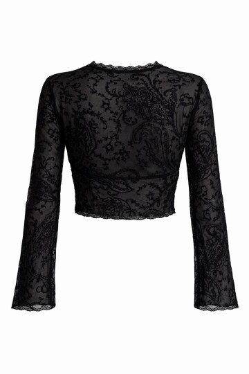 V Yaka Transparan Crop Dantel Bluz