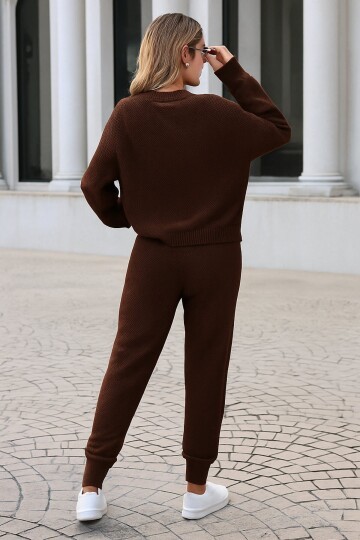 Vizon Triko Bisiklet Yaka Uzun Kollu Bluz ve Bağcıklı Jogger Pantolon Takım