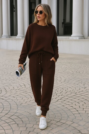 Vizon Triko Bisiklet Yaka Uzun Kollu Bluz ve Bağcıklı Jogger Pantolon Takım