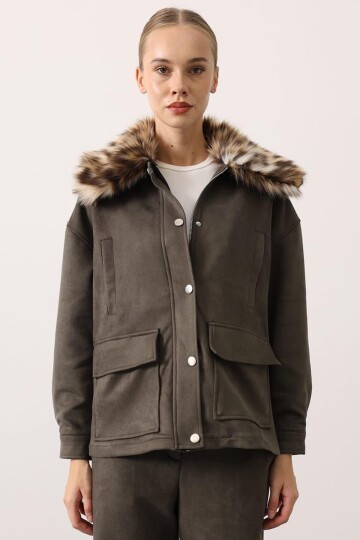 Yakası Kürklü Çift Cepli Astarlı Ceket Ve Palazzo Pantolon Süet Takım