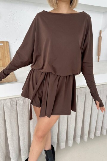 Yarasa Kol Kuşak Detaylı Beli Lastikli Şortlu Mini Elbise