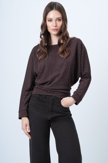 Yarasa Kol Taş Detaylı Kayık Yaka Bluz