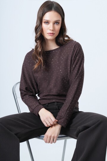 Yarasa Kol Taş Detaylı Kayık Yaka Bluz