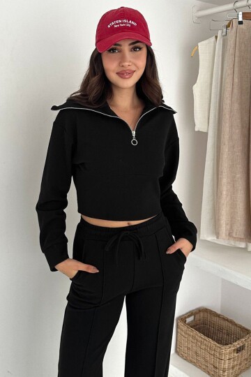 Yarım Fermuarlı Crop Sweat Ve Geniş Paça Eşofman Takım