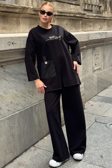 Yazı Baskılı Cep Detaylı Salaş İkili Takım