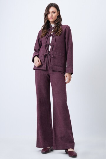 Yıkamalı Bağlama Detaylı Ceket ve Geniş Paça Pantolon Takım