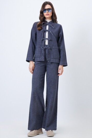 Yıkamalı Bağlama Detaylı Ceket ve Geniş Paça Pantolon Takım