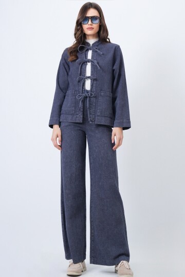 Yıkamalı Bağlama Detaylı Ceket ve Geniş Paça Pantolon Takım