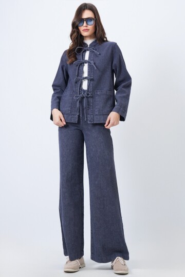 Yıkamalı Bağlama Detaylı Ceket ve Geniş Paça Pantolon Takım