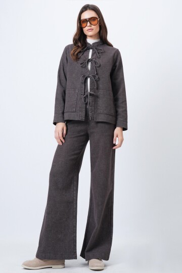 Yıkamalı Bağlama Detaylı Ceket ve Geniş Paça Pantolon Takım