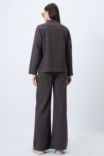 Yıkamalı Bağlama Detaylı Ceket ve Geniş Paça Pantolon Takım