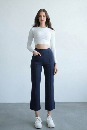 Yüksek Bel Beli Lastikli Çımalı Palazzo Pantolon