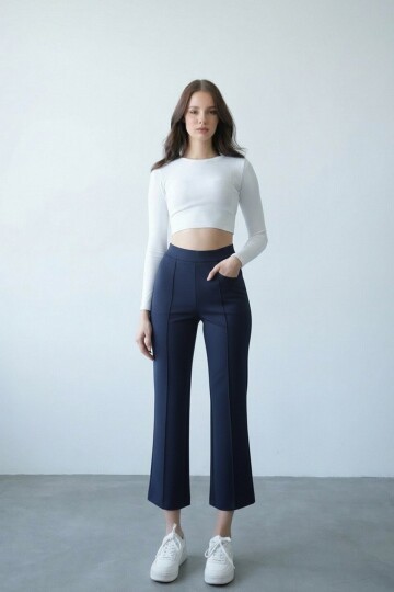 Yüksek Bel Beli Lastikli Çımalı Palazzo Pantolon