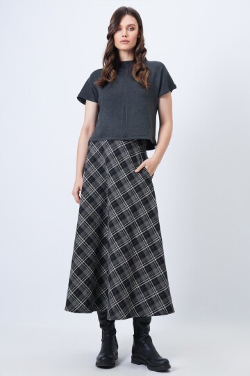 Yüksek Bel Ekose Desenli Midi Etek