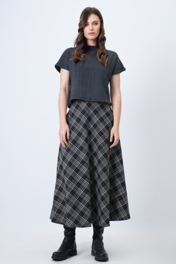 Yüksek Bel Ekose Desenli Midi Etek