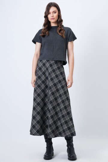 Yüksek Bel Ekose Desenli Midi Etek