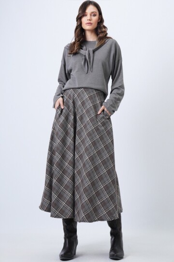 Yüksek Bel Ekose Desenli Midi Etek