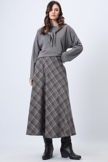 Yüksek Bel Ekose Desenli Midi Etek