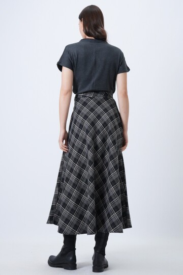 Yüksek Bel Ekose Desenli Midi Etek