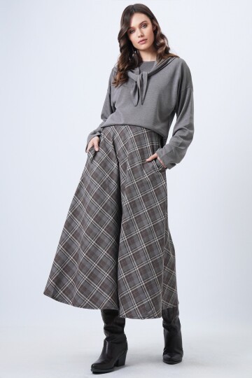 Yüksek Bel Ekose Desenli Midi Etek