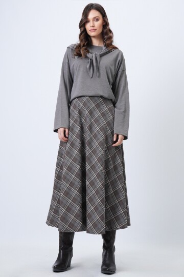 Yüksek Bel Ekose Desenli Midi Etek