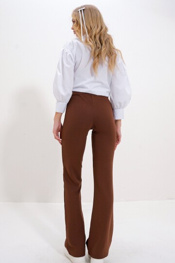 Yüksek Bel Önü Çimalı Bol Paça Likralı Pantolon