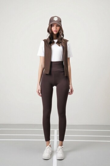 Kahverengi Yüksek Bel Şardonlu Tayt