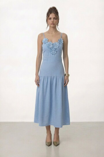 Askılı Çiçek Aplikeli Midi Elbise