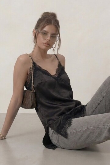 Askılı Dantel Detaylı Saten Bluz