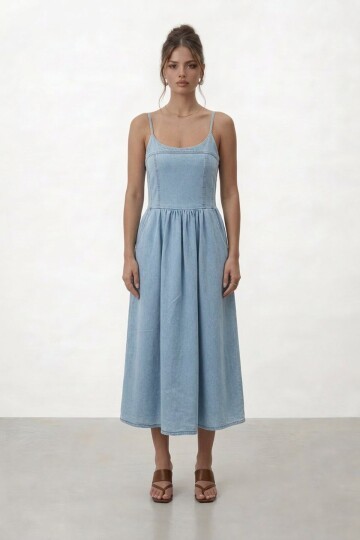 Askılı Denim Katlı Midi Elbise