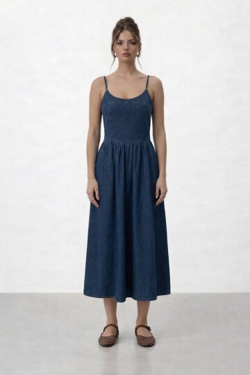 Askılı Denim Katlı Midi Elbise