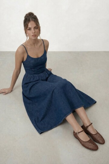 Askılı Denim Katlı Midi Elbise