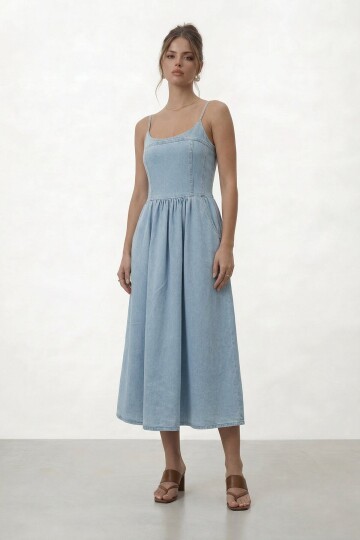 Askılı Denim Katlı Midi Elbise