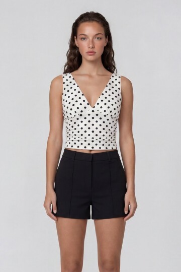Askılı Drape Detaylı Puantiyeli Crop Bluz