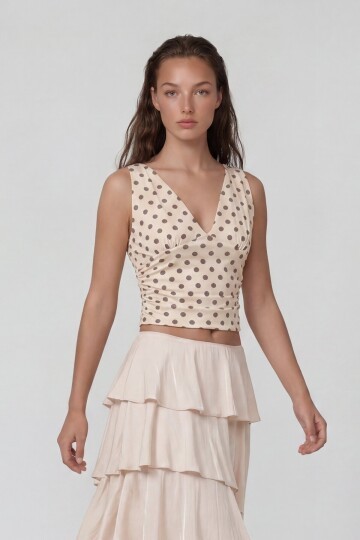 Askılı Drape Detaylı Puantiyeli Crop Bluz