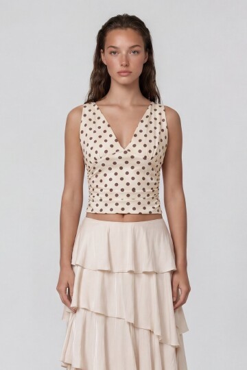 Askılı Drape Detaylı Puantiyeli Crop Bluz