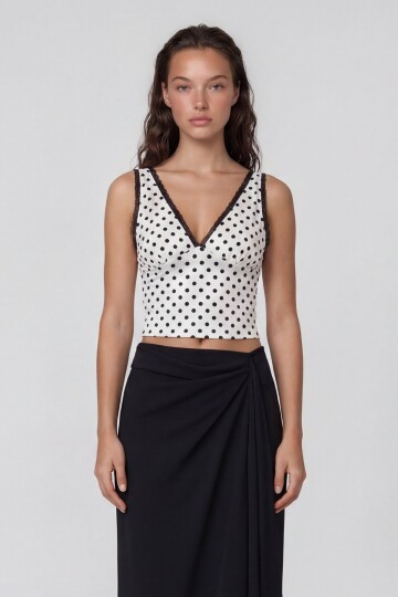 Askılı Drape Detaylı Puantiyeli Crop Bluz