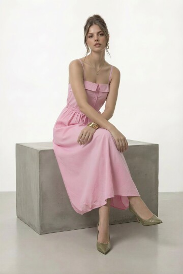 Askılı Düğme Detaylı Beli Bağcıklı Midi Elbise