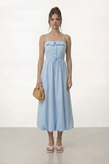 Askılı Düğme Detaylı Beli Bağcıklı Midi Elbise