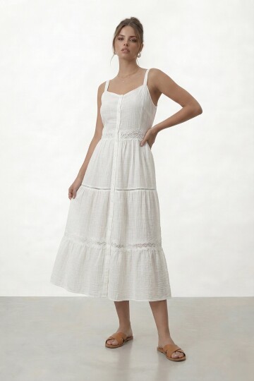 Askılı Düğmeli Katlı Midi Elbise