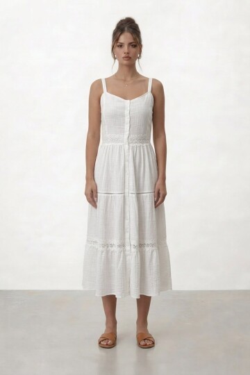 Askılı Düğmeli Katlı Midi Elbise