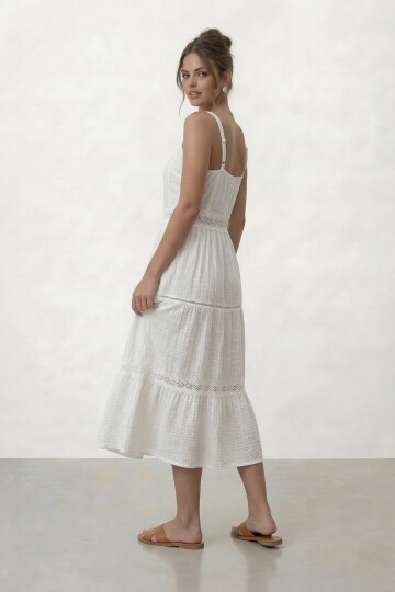 Askılı Düğmeli Katlı Midi Elbise