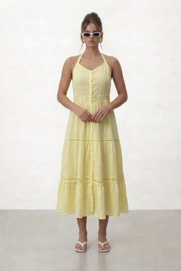 Askılı Düğmeli Katlı Midi Elbise