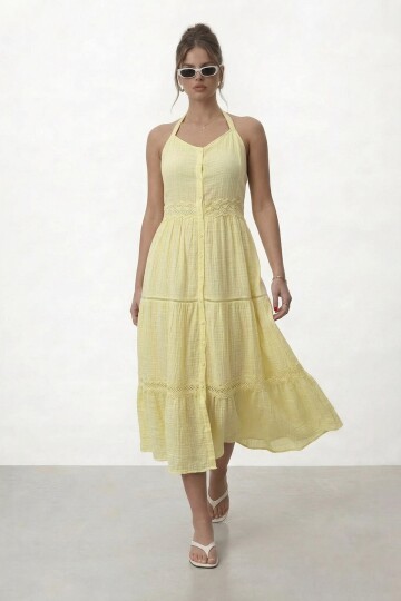 Askılı Düğmeli Katlı Midi Elbise