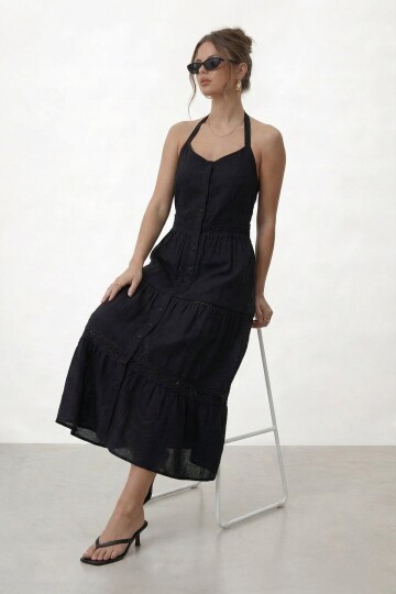 Askılı Düğmeli Katlı Midi Elbise