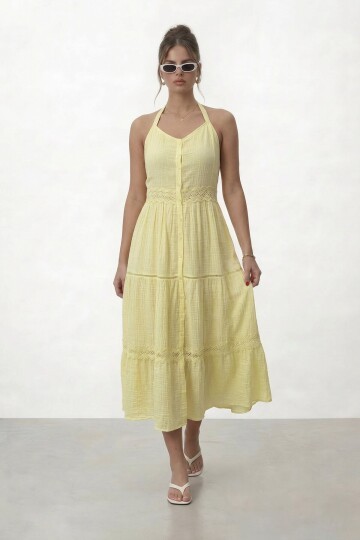 Askılı Düğmeli Katlı Midi Elbise